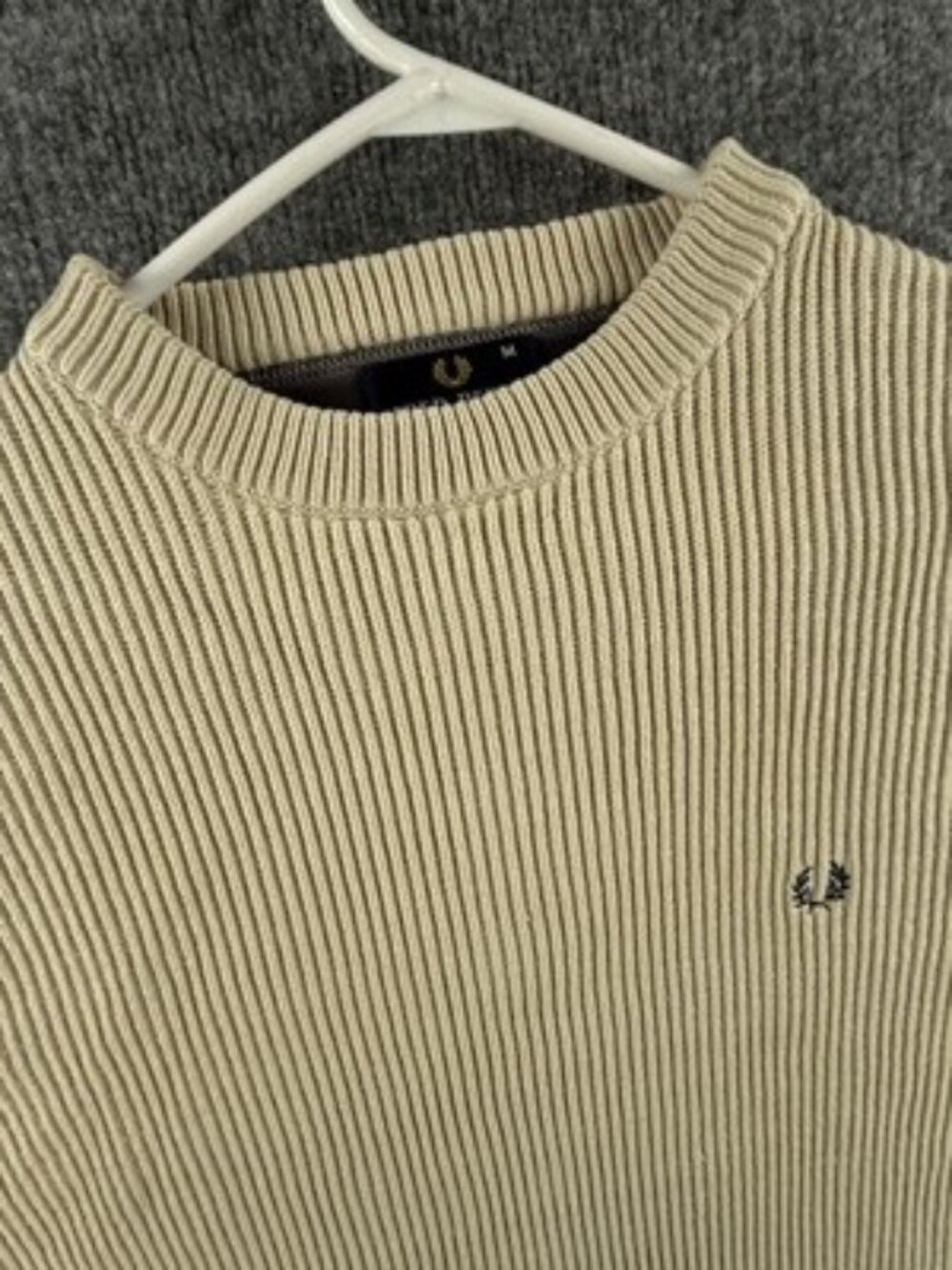 Fred Perry Long Sleeve Beige Cotton Medium Crew Neck Sweater Pullover Logo Solid View 3